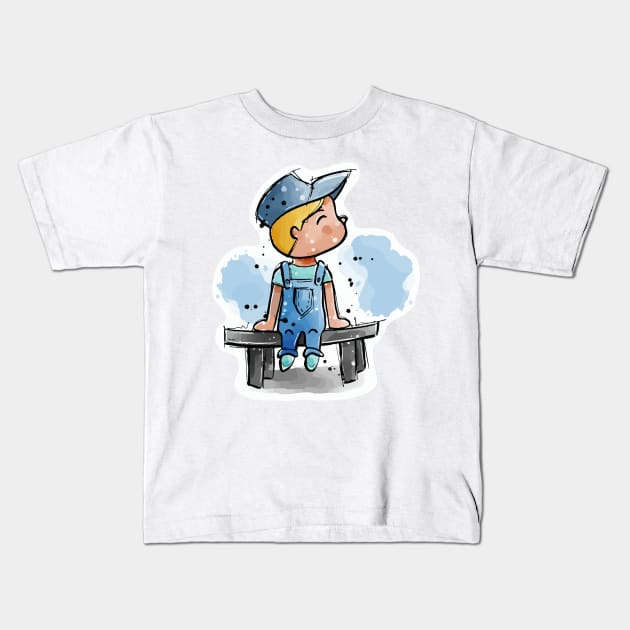 Cute little cartoon boy sitting on a bench Kids T-Shirt by Sissely